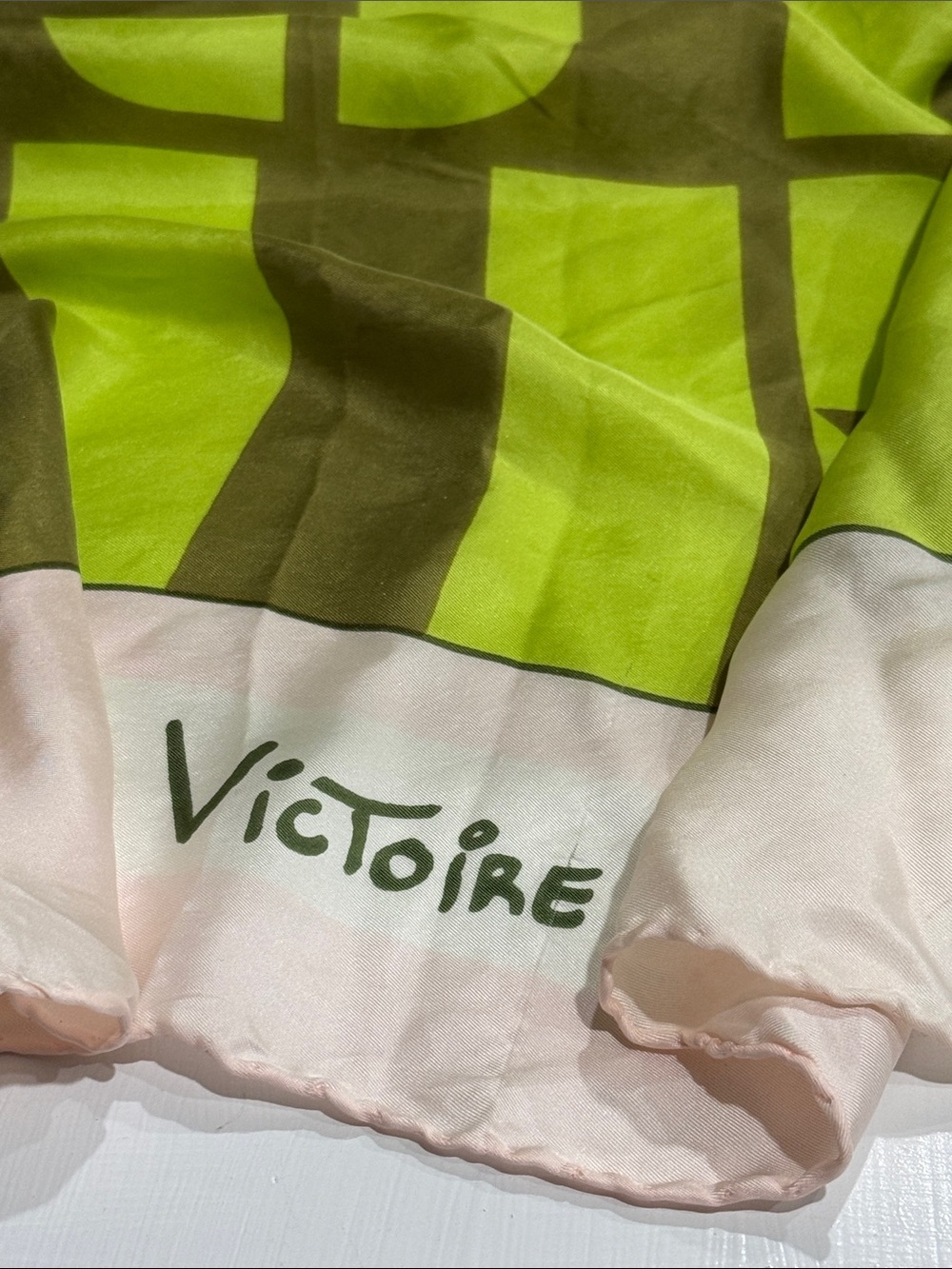 Light Pink Border Scarf with Olive Greens and Lime Graphic “VICTOIRE” French
